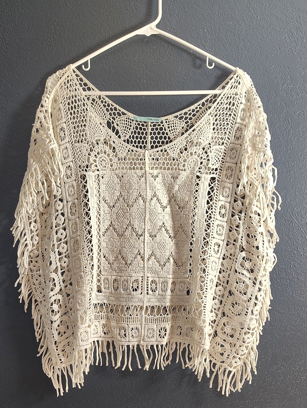 Maurices Boho Cottage Core Cream Crochet Fringe Poncho Top Size Large